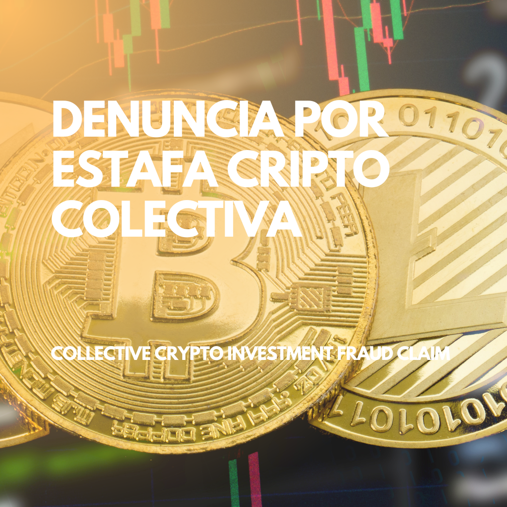 Gráfico informativo sobre la denuncia colectiva por estafa piramidal en criptomonedas, impulsada por un despacho de abogados. Se mencionan plataformas como Monovex y Geneve Capital Invest.
